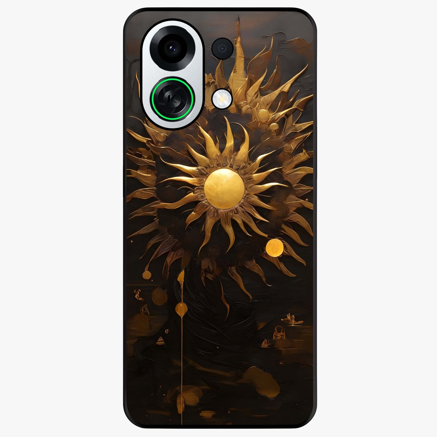 Golden Sun Majesty Glass Case showing flat back view with radiant golden sun artwork and glossy glass finish.