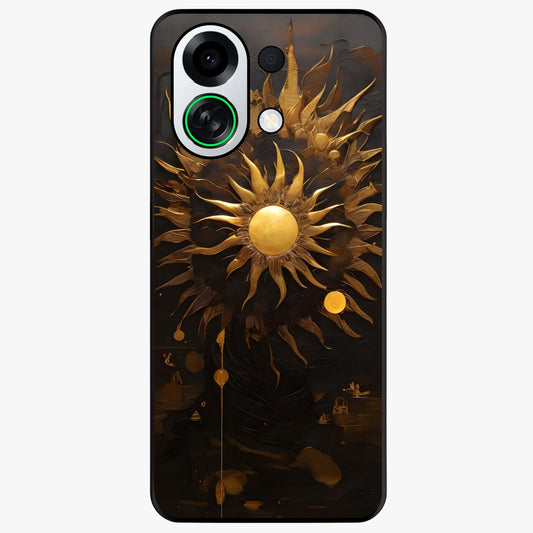 Golden Sun Majesty Glass Case showing flat back view with radiant golden sun artwork and glossy glass finish.