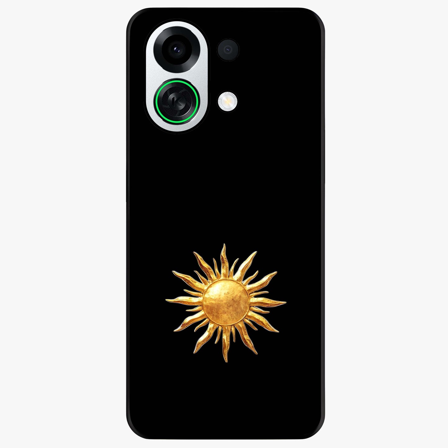 Golden Sun Minimalism Glass Case showing flat back view with minimal golden sun artwork and glossy glass finish.