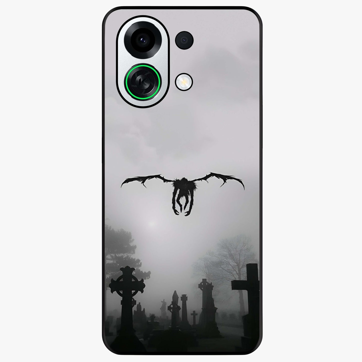 Graveyard Shadow Descent Glass Case showing flat back view with dark graveyard themed artwork and glossy glass finish.