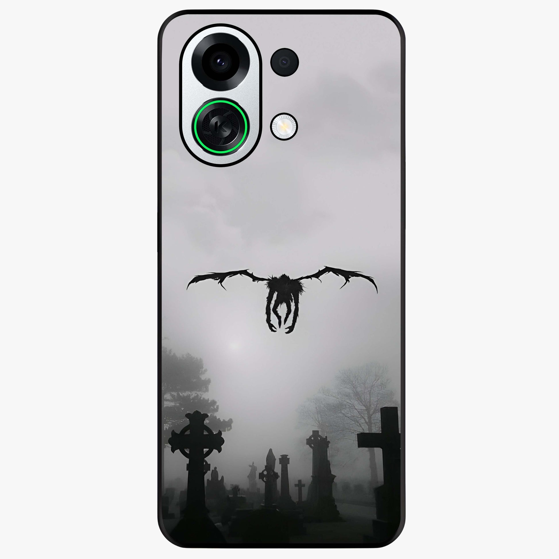 Graveyard Shadow Descent Glass Case showing flat back view with dark graveyard themed artwork and glossy glass finish.