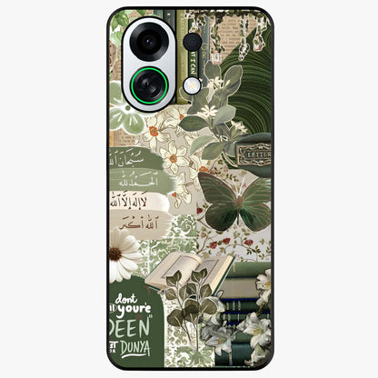 Green Islamic Books Quotes Glass Case showing flat back view with Islamic quotes and book themed artwork and glossy glass finish.