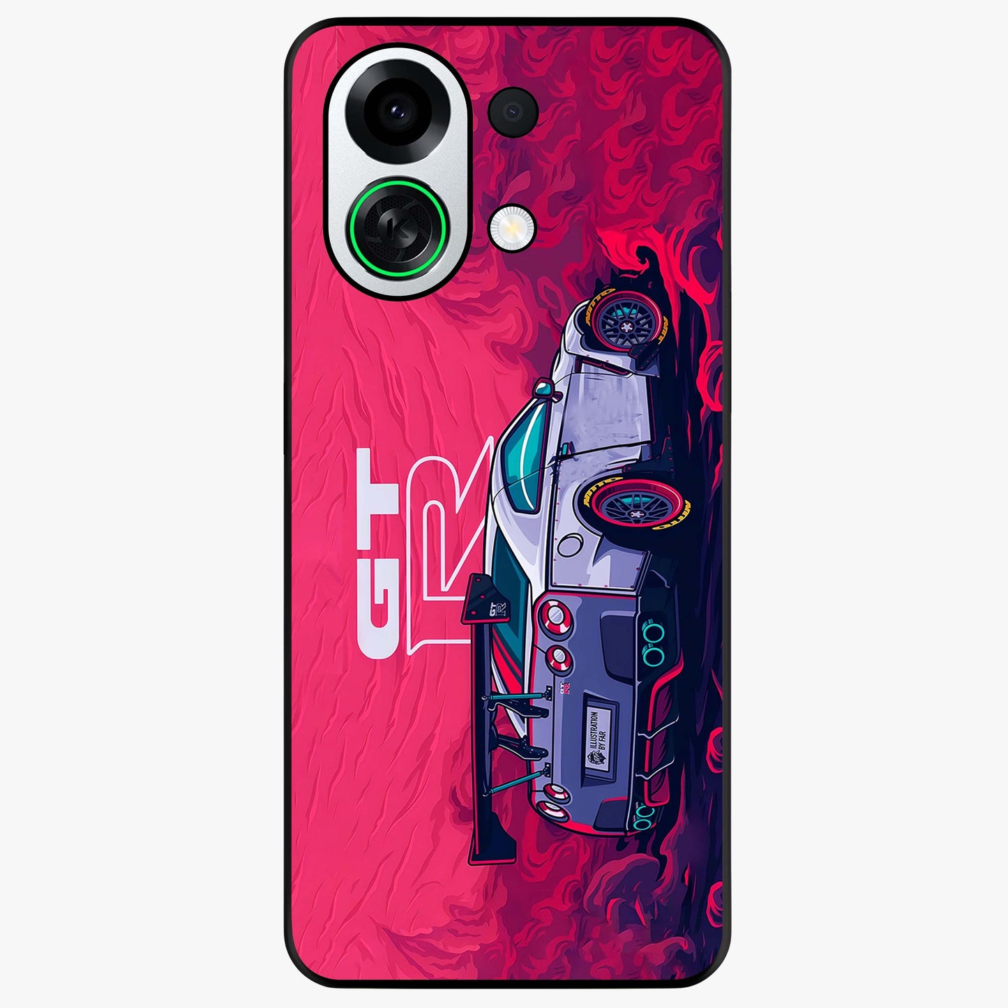 GT-R Car Pattern Glass Case showing flat back view with sporty car inspired pattern artwork and glossy glass finish.