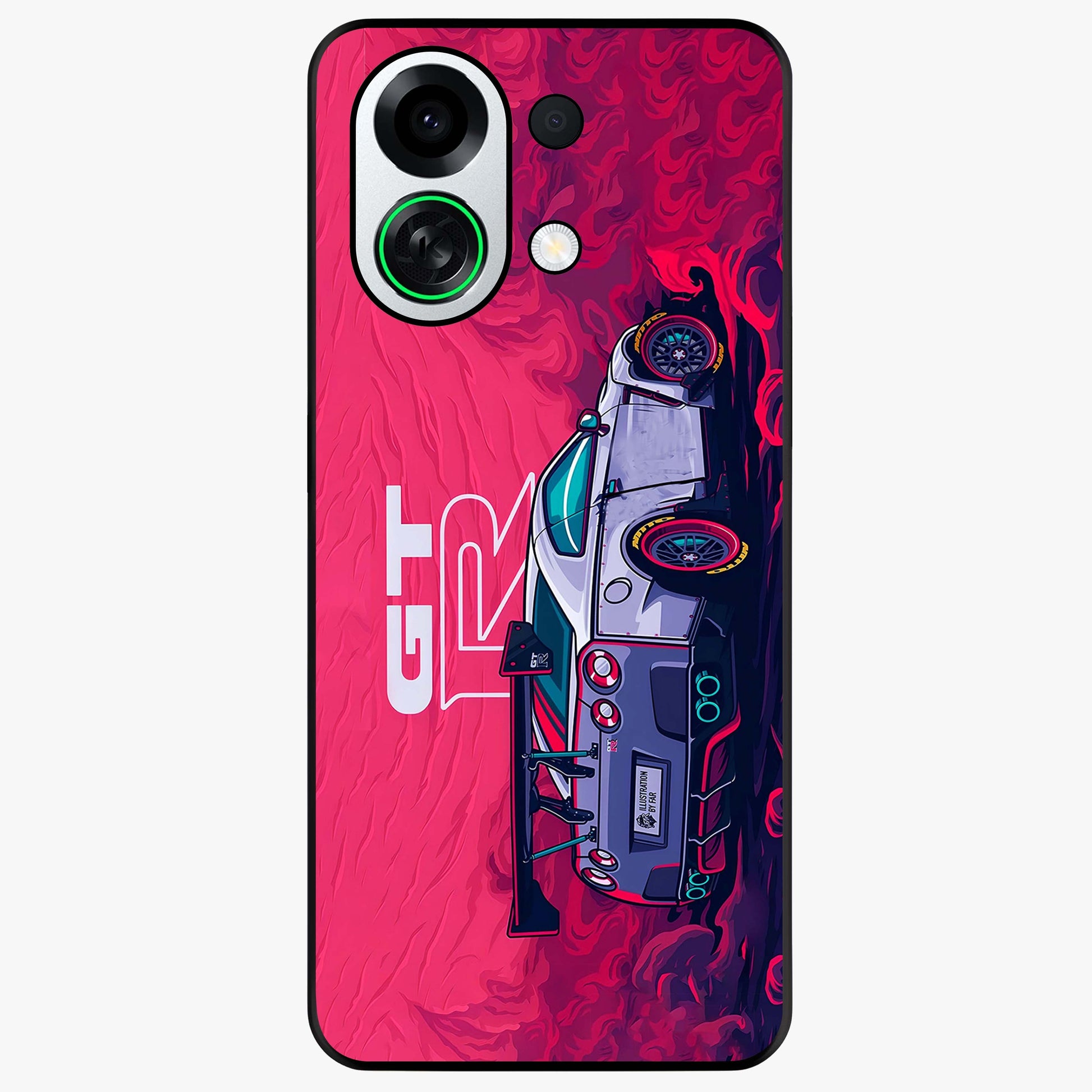GT-R Car Pattern Glass Case showing flat back view with sporty car inspired pattern artwork and glossy glass finish.