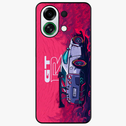 GT-R Car Pattern Glass Case showing flat back view with sporty car inspired pattern artwork and glossy glass finish.