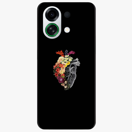 Heart With Flowers Glass Case showing flat back view with heart shaped floral artwork and glossy glass finish.