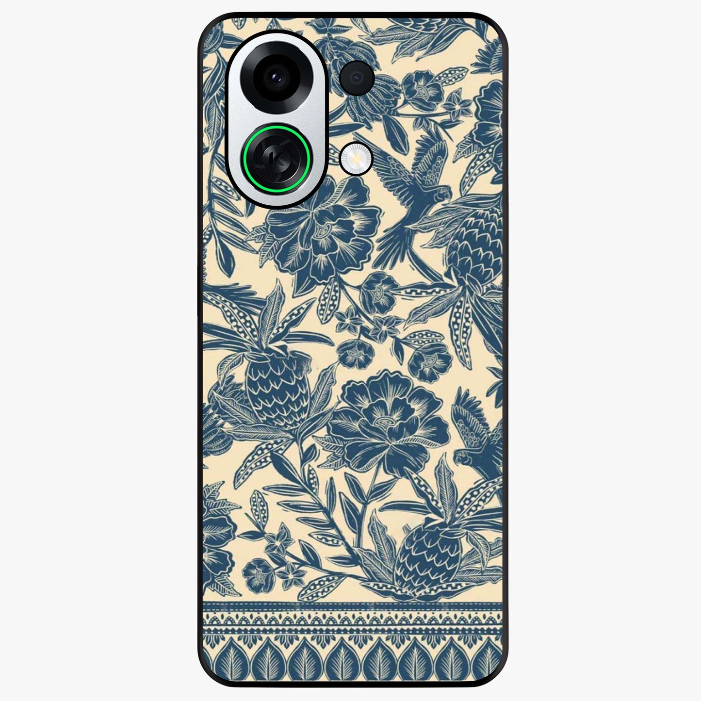 Heirloom Wild Bloom Glass Case showing flat back view with vintage inspired wild flower artwork and glossy glass finish.