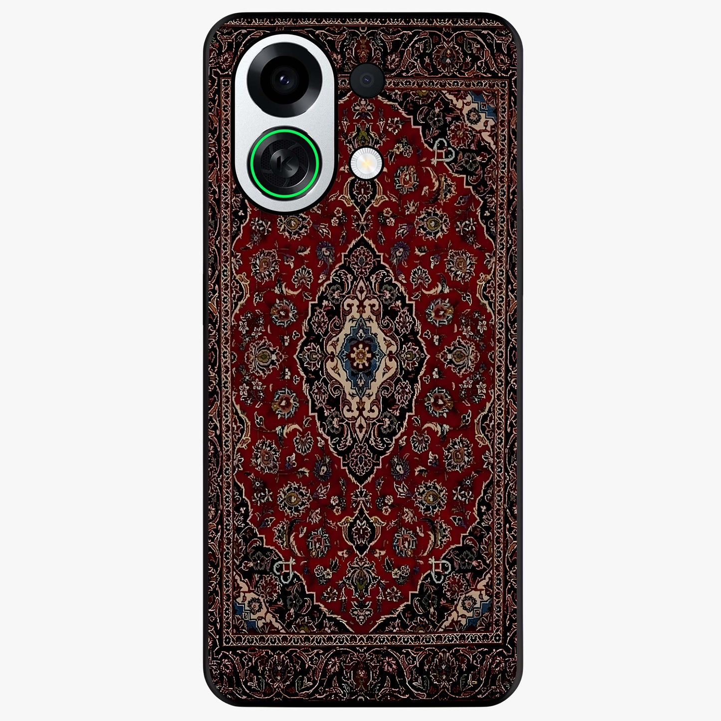 Heritage Carpet Royale Glass Case showing flat back view with ornate Persian carpet inspired pattern and glossy glass finish.