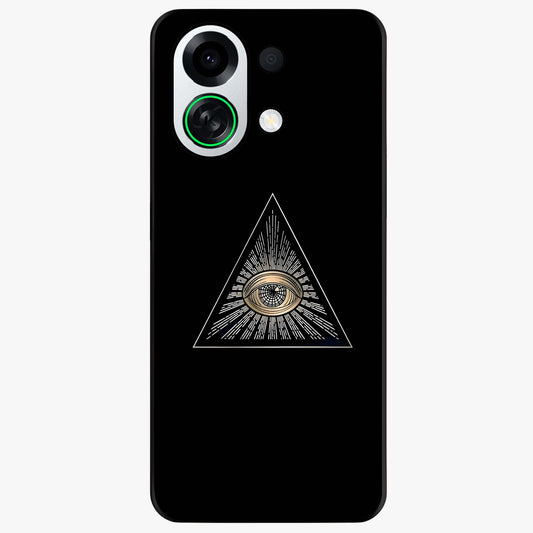 Illuminati Evil Glass Case showing flat back view with mysterious illuminati symbol artwork and glossy glass finish.