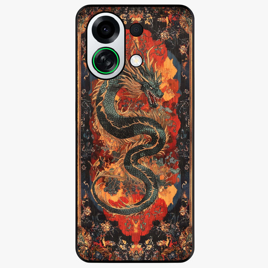 Inferno Dragon Soul Glass Case showing flat back view with fiery dragon artwork and glossy glass finish.