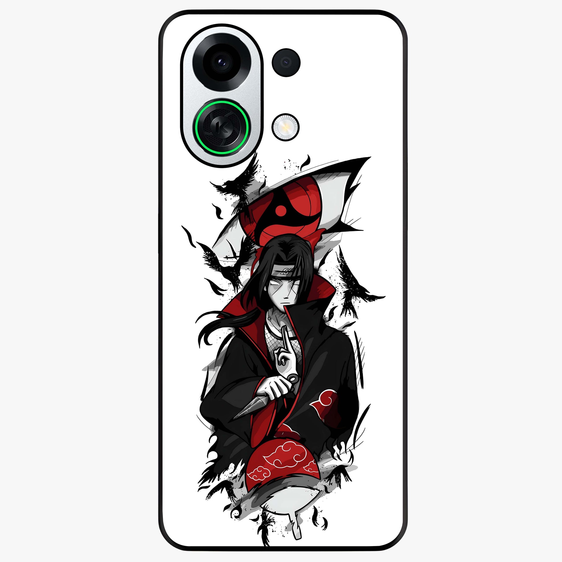 Itachi Sharingan Glass Case showing flat back view with powerful anime eye artwork and glossy glass finish.