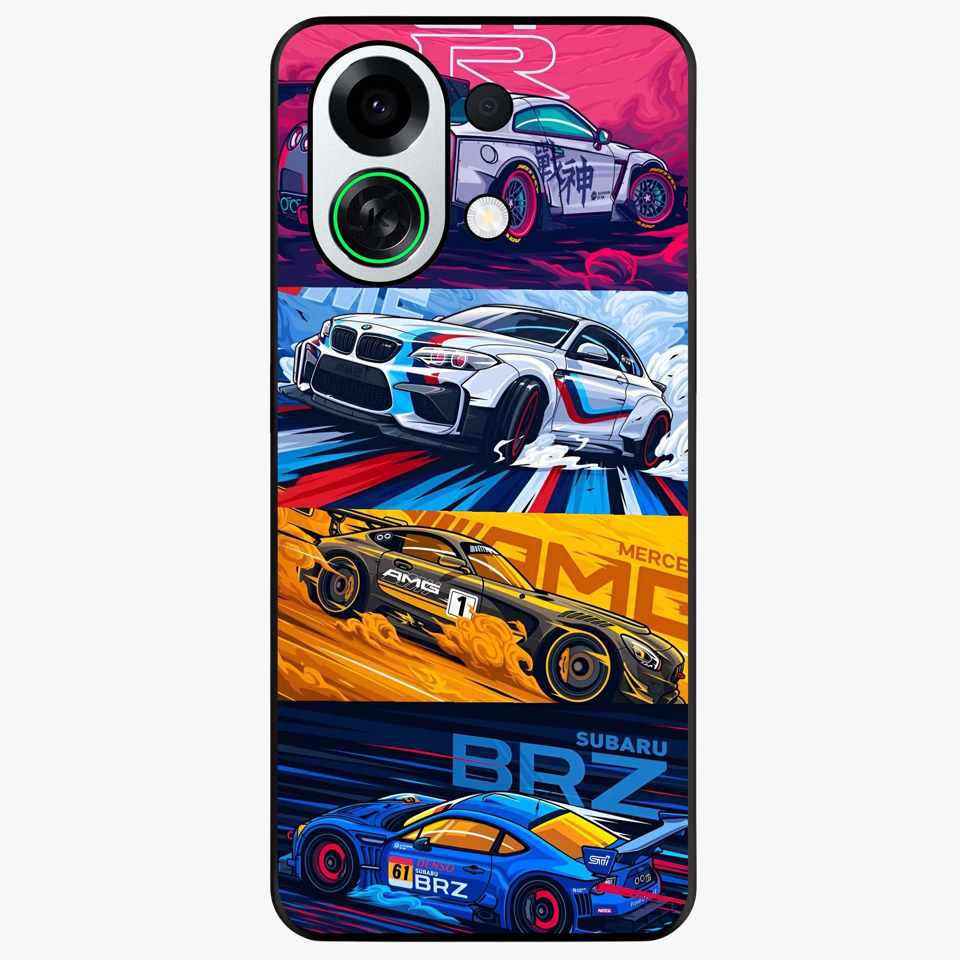 JDM Sports Car Glass Case showing flat back view with high performance sports car artwork and glossy glass finish.