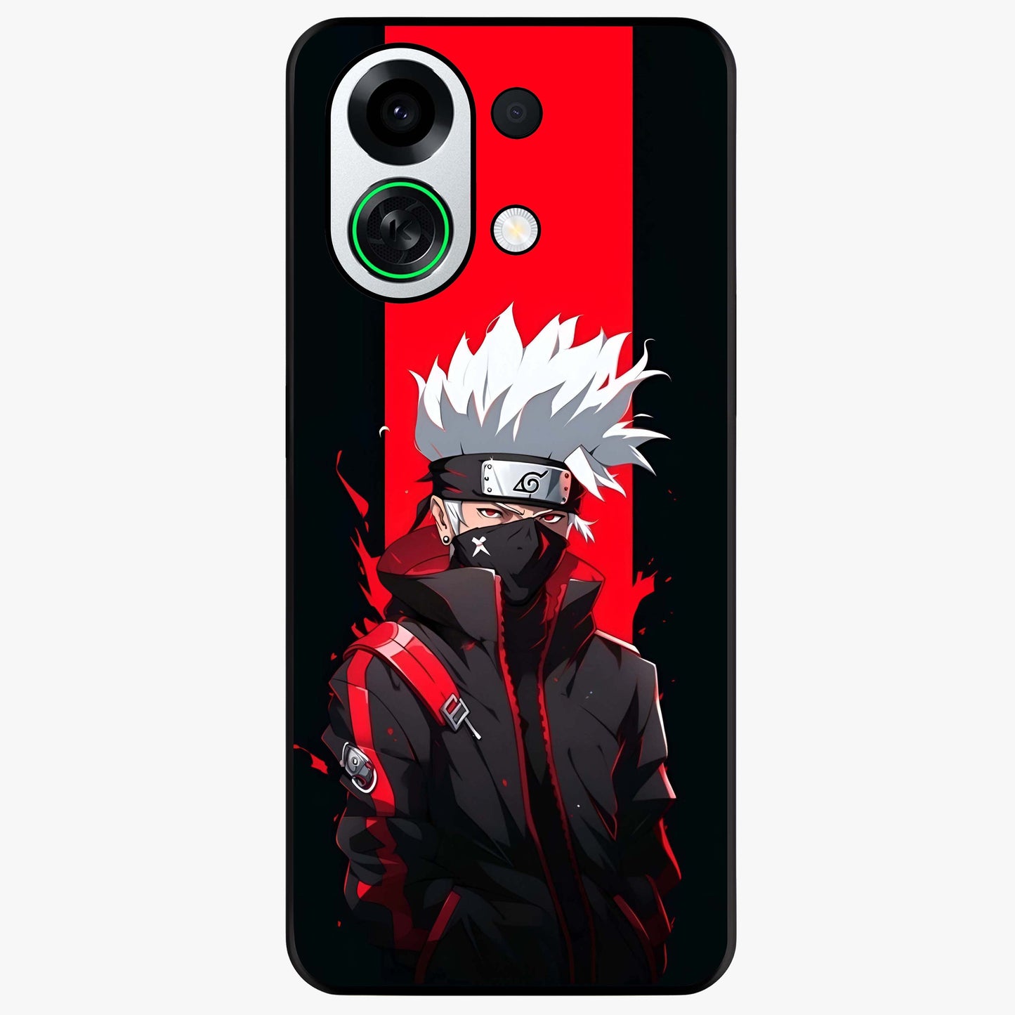 Kakashi Scarlet Shadow Glass Case showing flat back view with powerful anime ninja artwork and glossy glass finish.