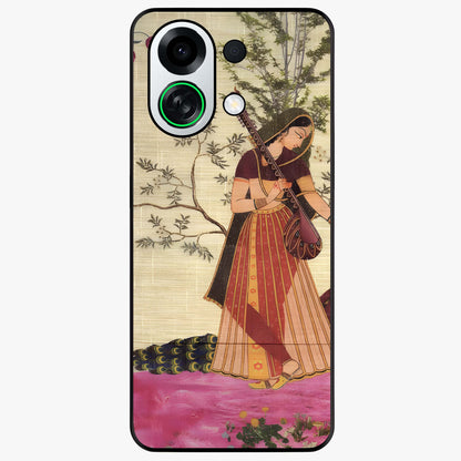 Lady With Veena Art Glass Case showing flat back view with elegant woman playing veena artwork and glossy glass finish.