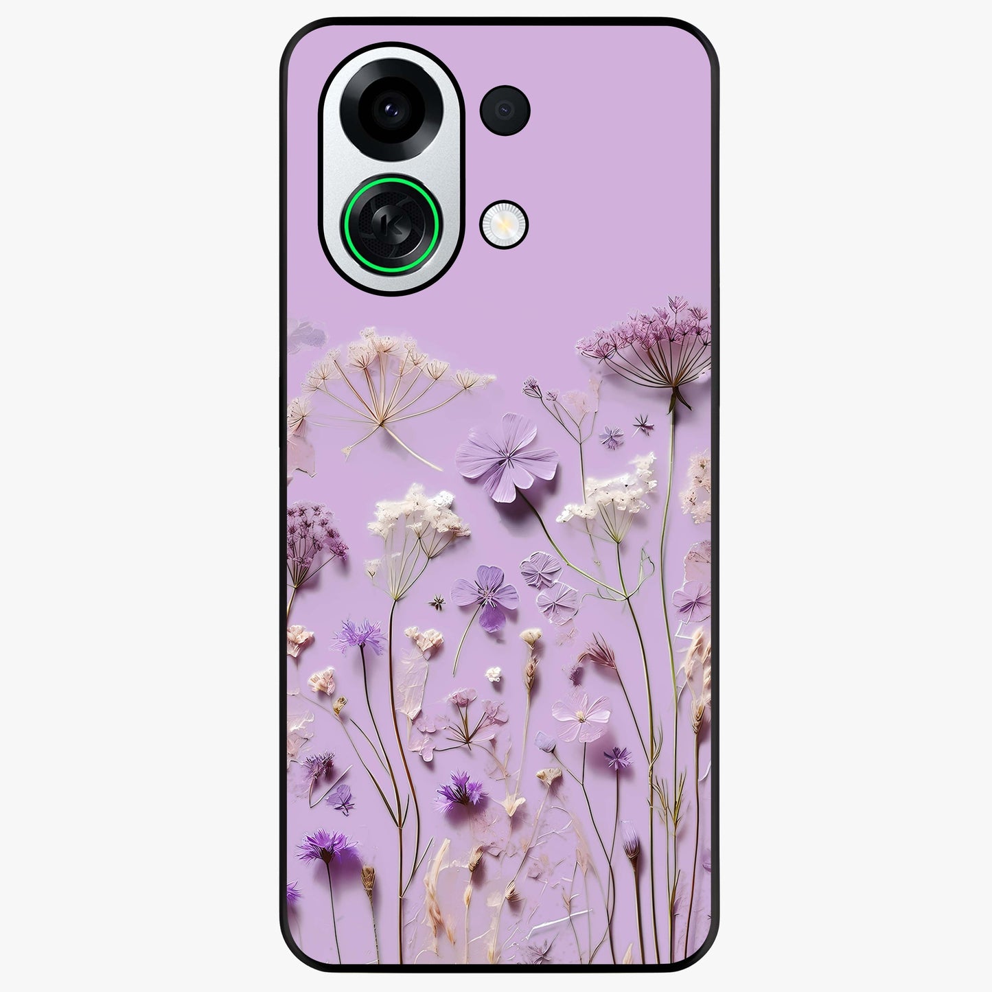 Lavender Blossom Dream Glass Case showing flat back view with soft lavender floral artwork and glossy glass finish.