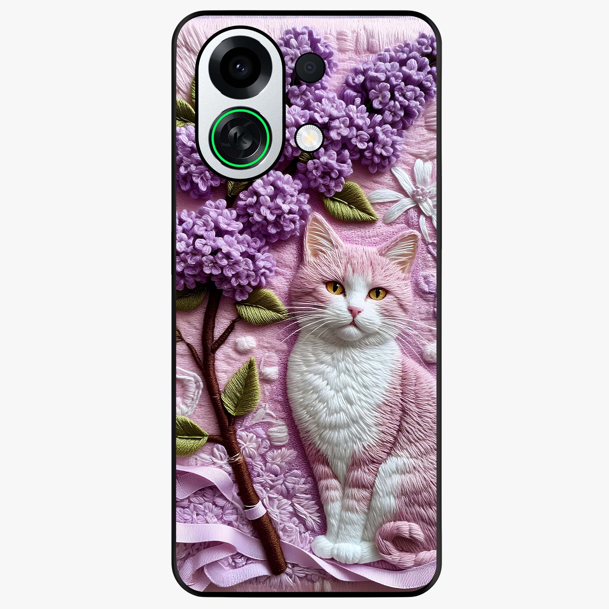Lavender Cat Whimsy Glass Case showing flat back view with cute lavender cat artwork and glossy glass finish.