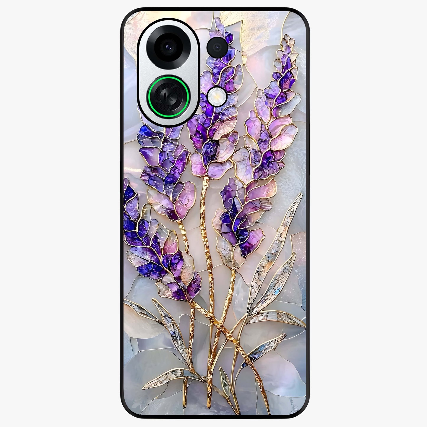 Lavender Dream Glow Glass Case showing flat back view with glowing lavender aesthetic artwork and glossy glass finish.