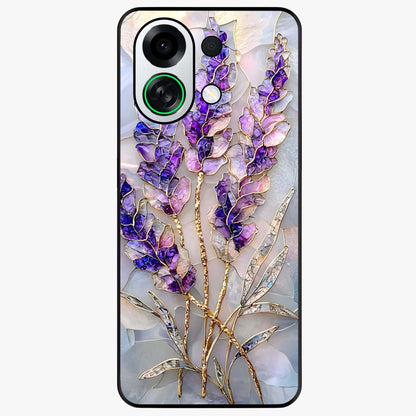 Lavender Dream Glow Glass Case showing flat back view with glowing lavender aesthetic artwork and glossy glass finish.