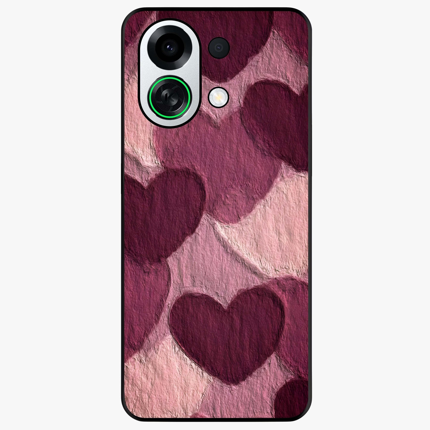 Layered Paper Hearts Glass Case showing flat back view with layered paper heart artwork and glossy glass finish.