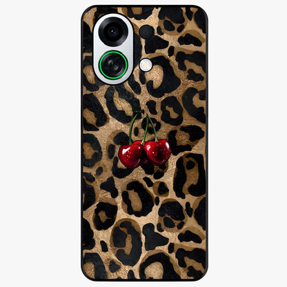 Leopard Wild Cherry Glass Case showing flat back view with leopard pattern and cherry artwork and glossy glass finish.