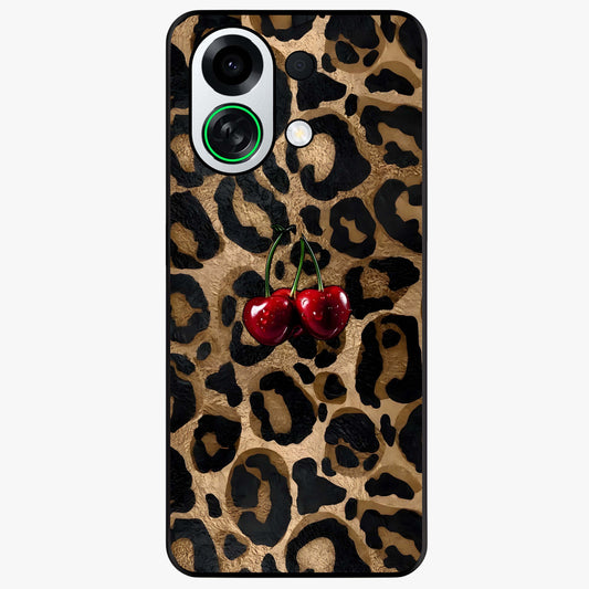 Leopard Wild Cherry Glass Case showing flat back view with leopard pattern and cherry artwork and glossy glass finish.