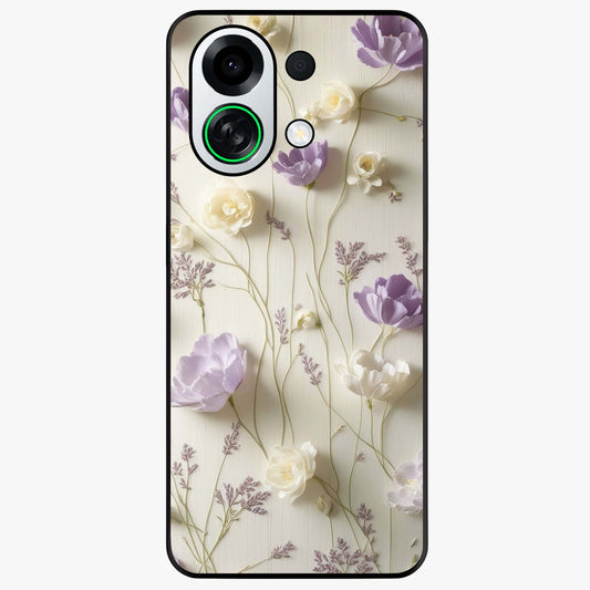 Lilac Breeze Harmony Glass Case showing flat back view with soft lilac themed artwork and glossy glass finish.
