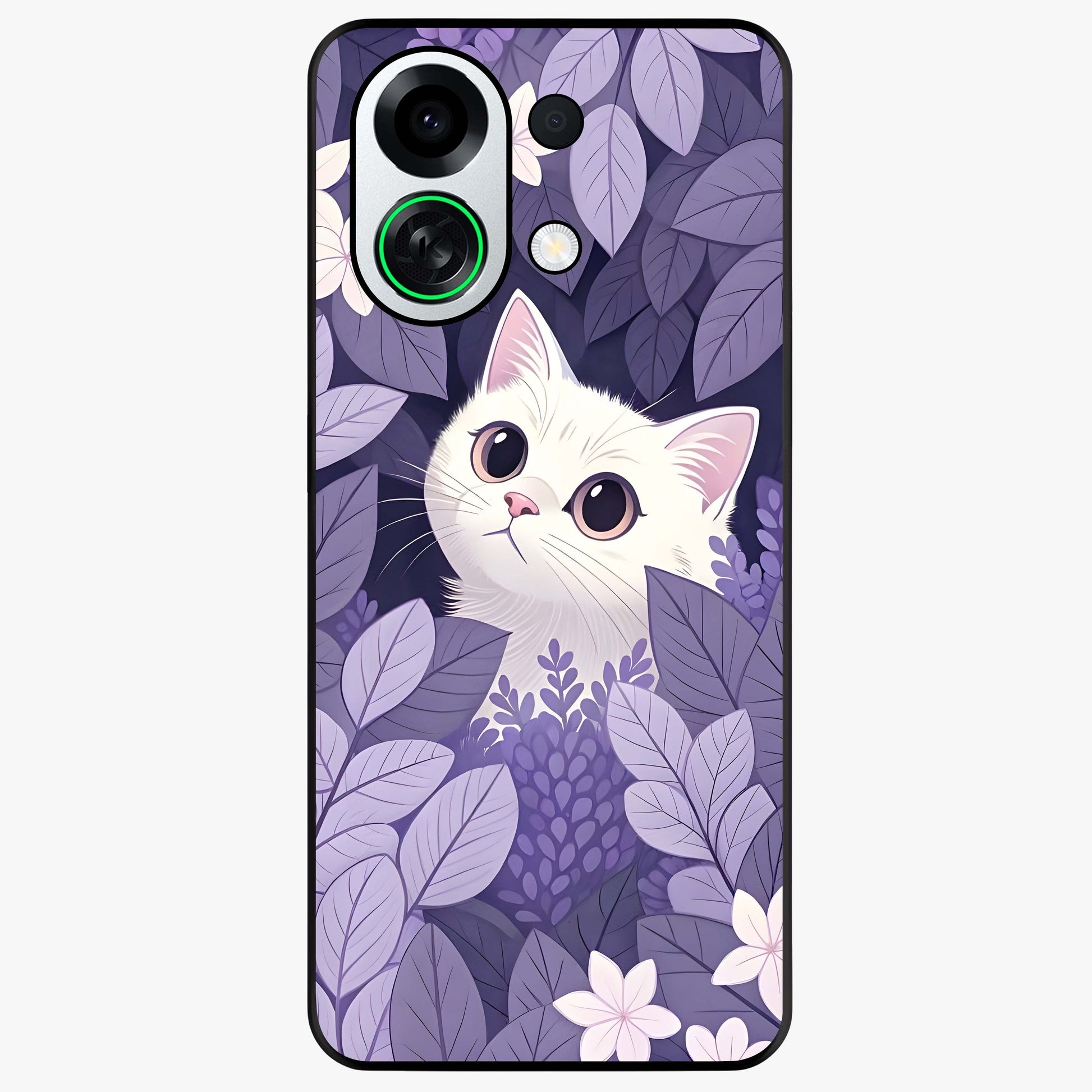 Lilac Hide Peek Cat Glass Case showing flat back view with cute peeking cat artwork and glossy glass finish.