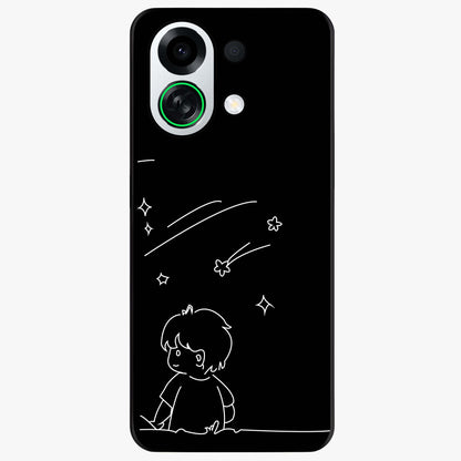 Line Art Boy With Shooting Stars Glass Case showing flat back view with minimal line art boy and shooting stars illustration and glossy glass finish.