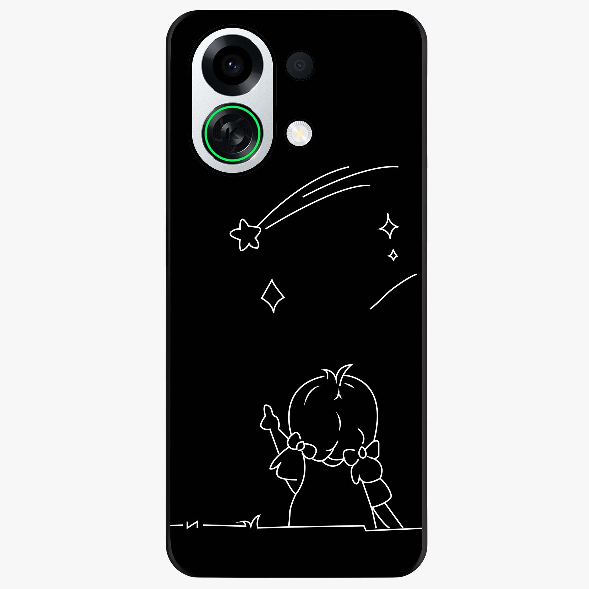 Line Art Girl With Shooting Stars Glass Case showing flat back view with minimal line art girl and shooting stars illustration and glossy glass finish.