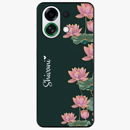 Lotus Bloom Serenity Custom Name Glass Case showing flat back view with elegant lotus flower artwork and personalized name design.
