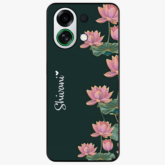 Lotus Bloom Serenity Custom Name Glass Case showing flat back view with elegant lotus flower artwork and personalized name design.