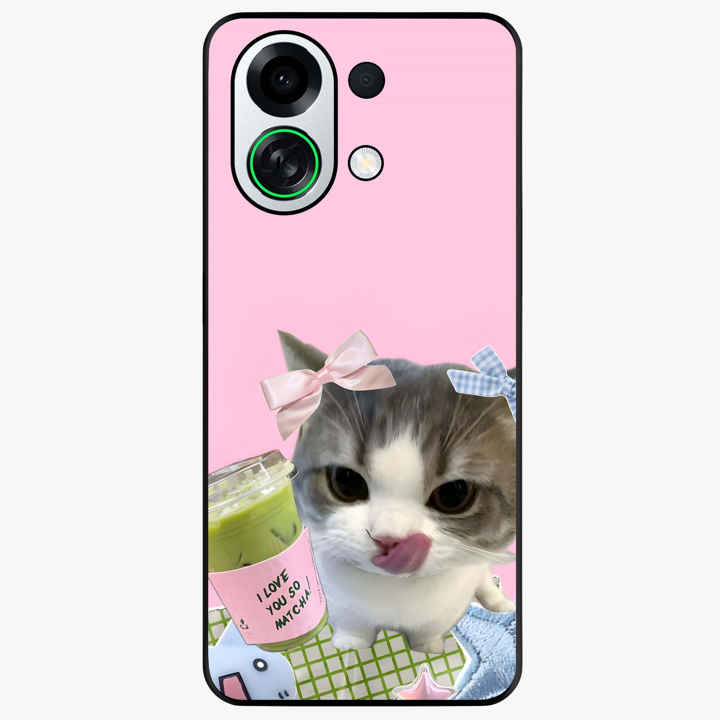 Love Matcha Cat Glass Case showing flat back view with cute cat and matcha themed artwork and glossy glass finish.