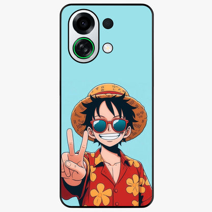 Luffy Summer Anime Vibe Glass Case showing flat back view with vibrant anime character artwork and glossy glass finish.