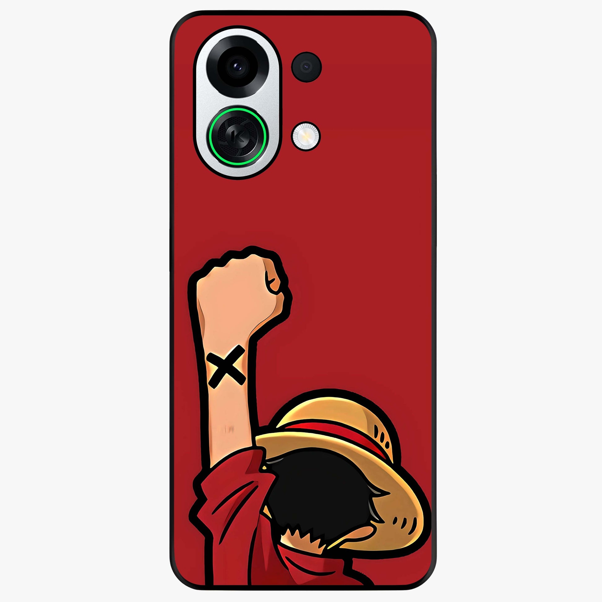 Luffy X Spirit Glass Case showing flat back view with bold anime character artwork and glossy glass finish.