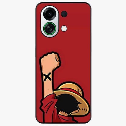 Luffy X Spirit Glass Case showing flat back view with bold anime character artwork and glossy glass finish.