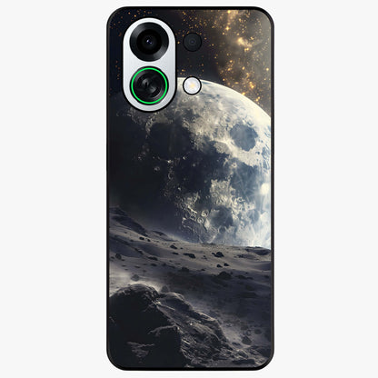 Lunar Horizon Glow Glass Case showing flat back view with glowing moon horizon artwork and glossy glass finish.