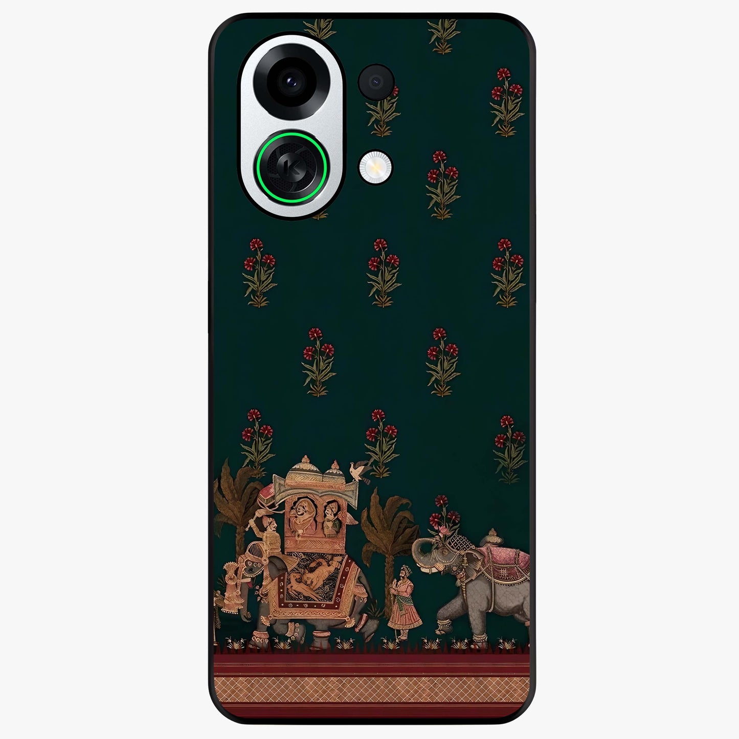 Macmerise Glass Case showing flat back view with stylish modern artwork and glossy glass finish.