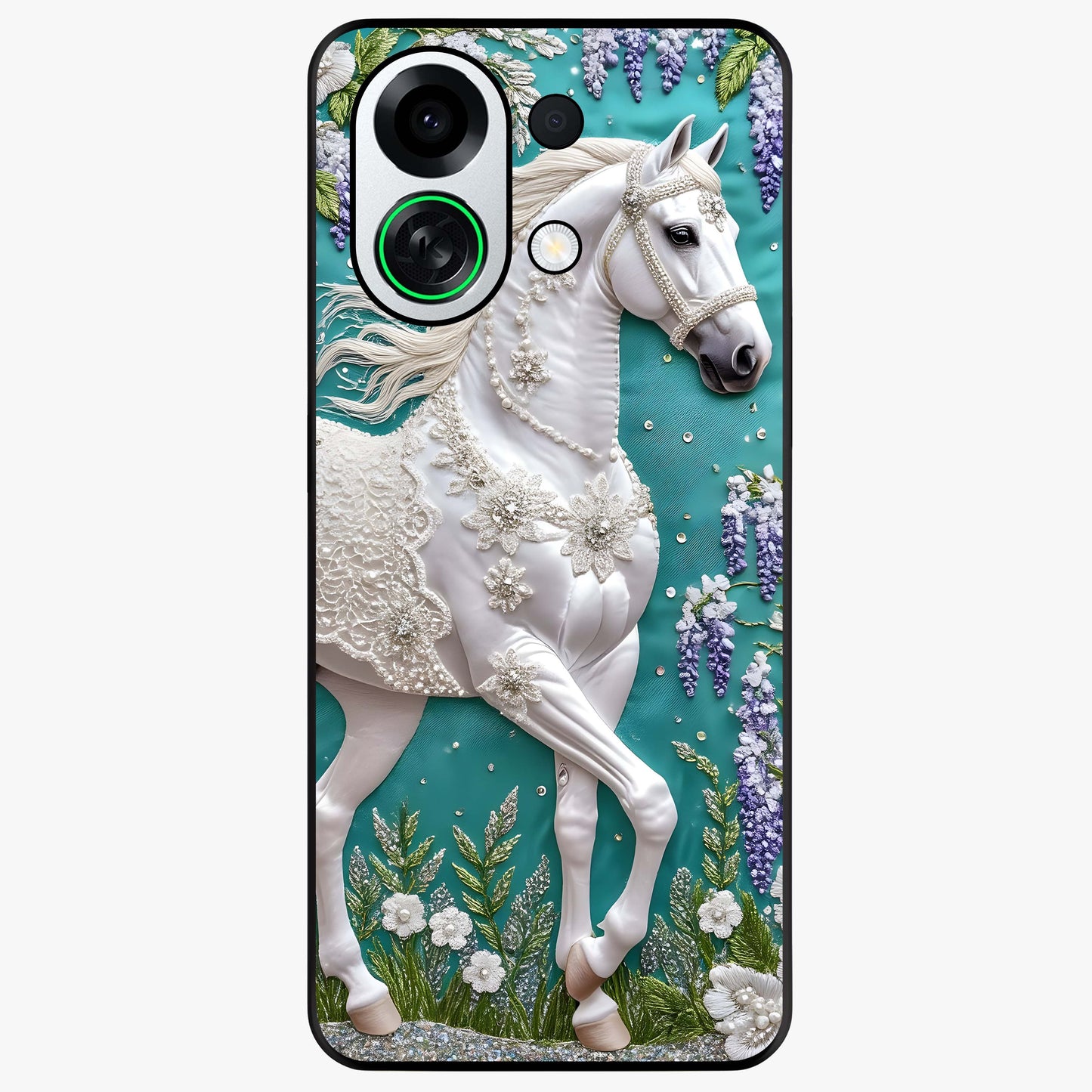 Majestic Floral Stallion Glass Case showing flat back view with powerful horse and floral artwork and glossy glass finish.