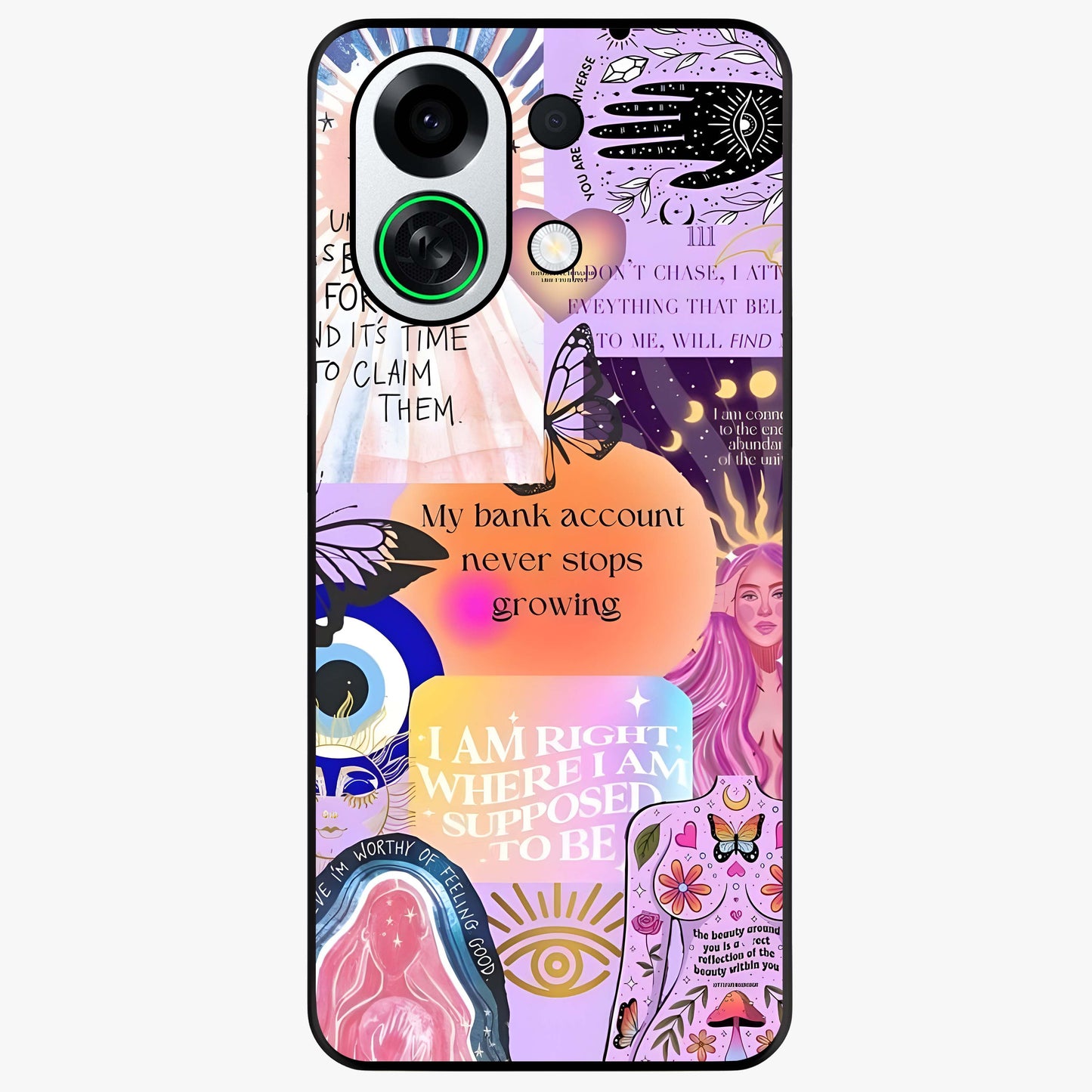 Manifestation Collage Glass Case showing flat back view with motivational collage artwork and glossy glass finish.