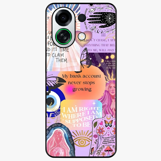 Manifestation Collage Glass Case showing flat back view with motivational collage artwork and glossy glass finish.