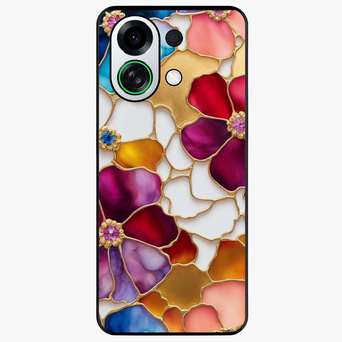 Marble Flower Pattern Glass Case showing flat back view with marble texture floral artwork and glossy glass finish.