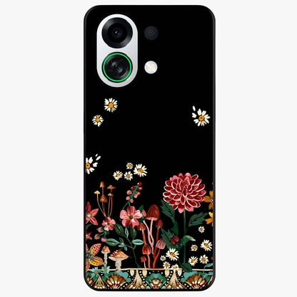 Midnight Bloom Pattern Glass Case showing flat back view with dark floral pattern artwork and glossy glass finish.