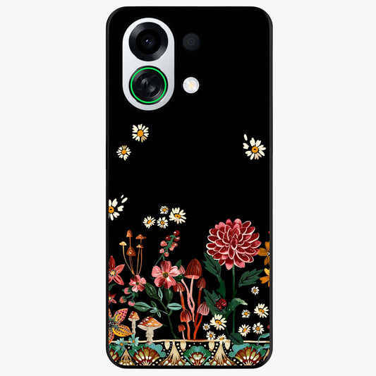 Midnight Bloom Pattern Glass Case showing flat back view with dark floral pattern artwork and glossy glass finish.