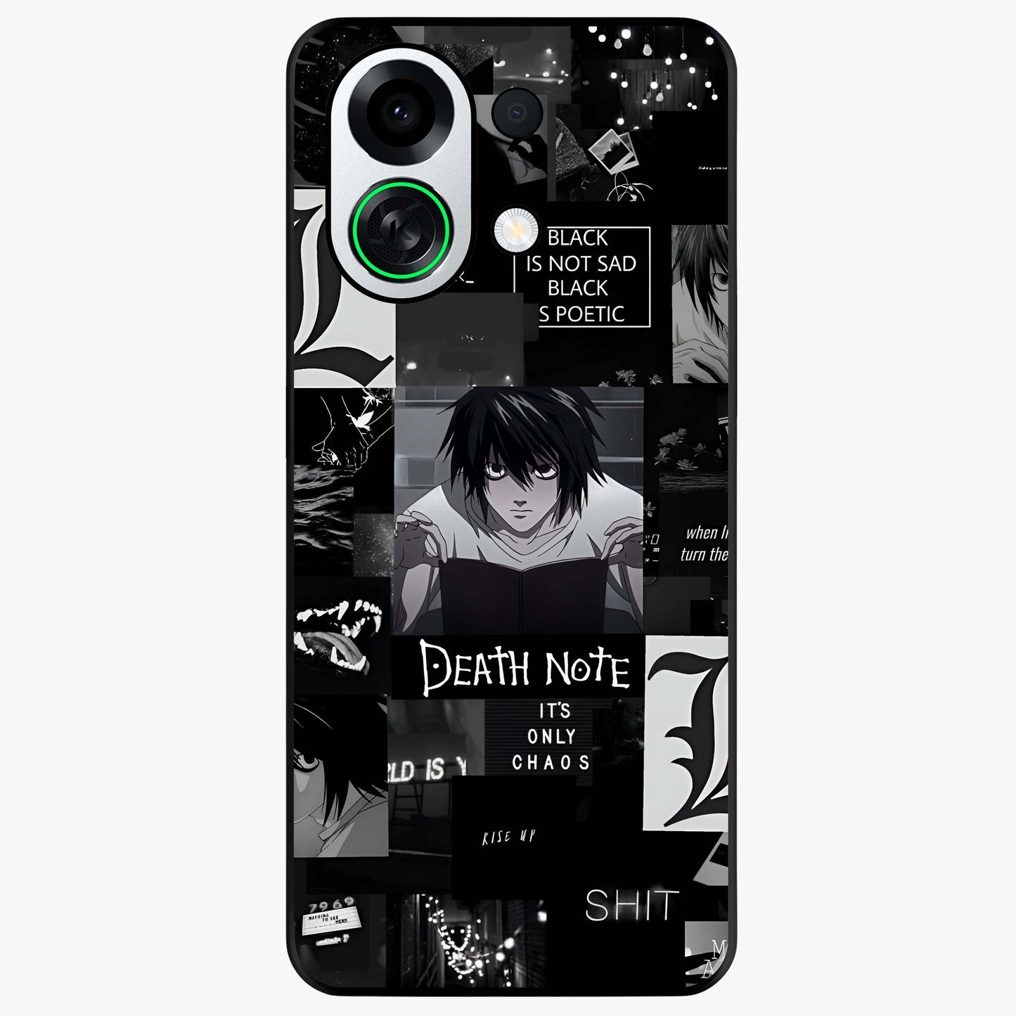 Midnight Chaos Mind Glass Case showing flat back view with abstract dark themed artwork and glossy glass finish.