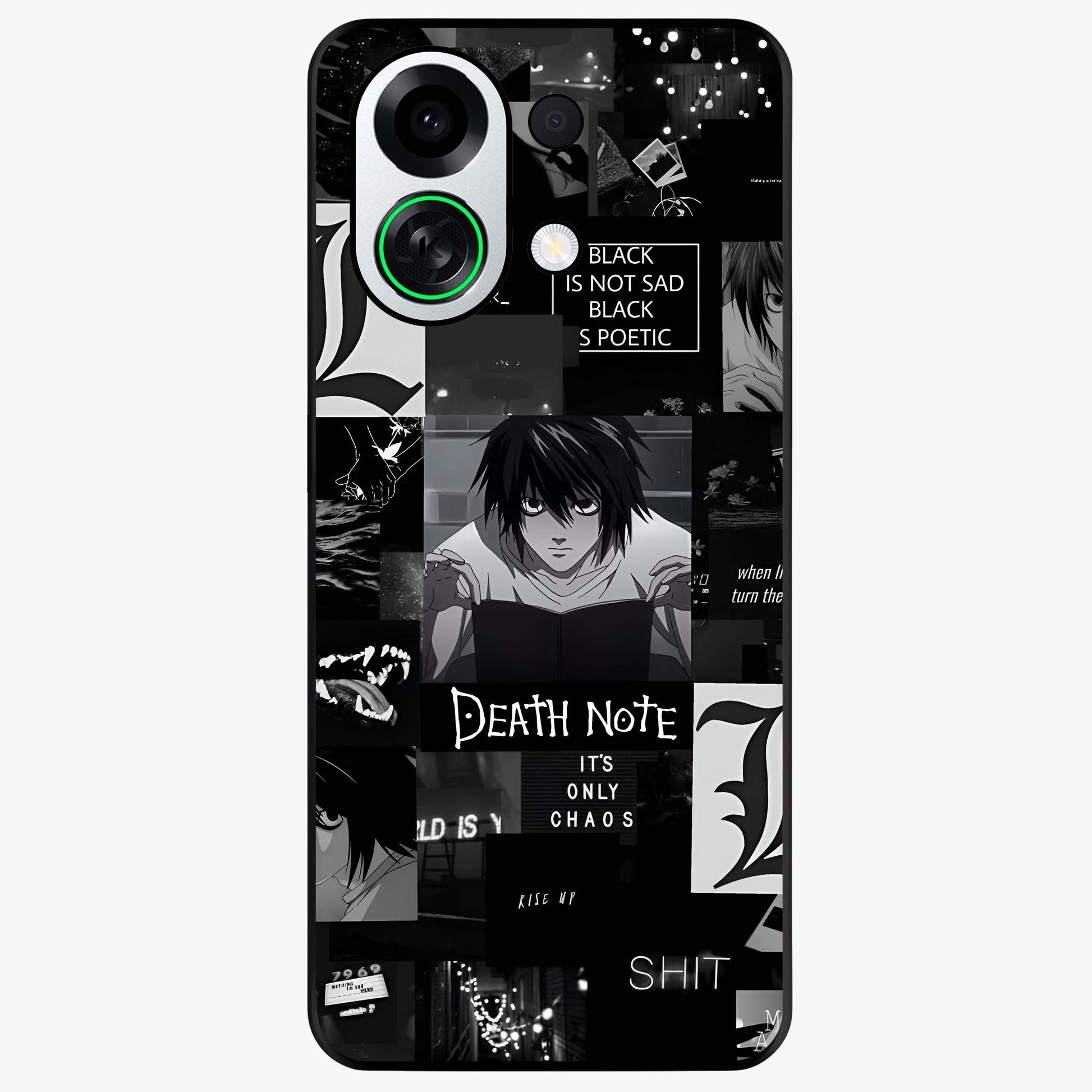 Midnight Chaos Mind Glass Case showing flat back view with abstract dark themed artwork and glossy glass finish.