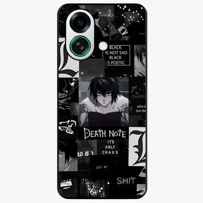 Midnight Chaos Mind Glass Case showing flat back view with abstract dark themed artwork and glossy glass finish.