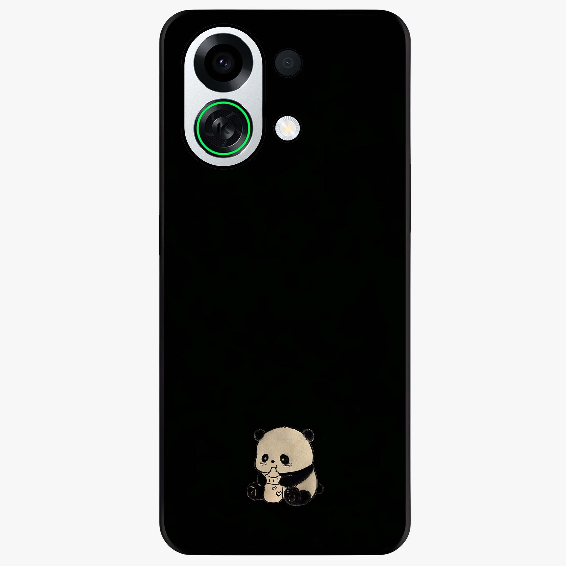 Midnight Panda Love Glass Case showing flat back view with cute panda themed artwork and glossy glass finish.