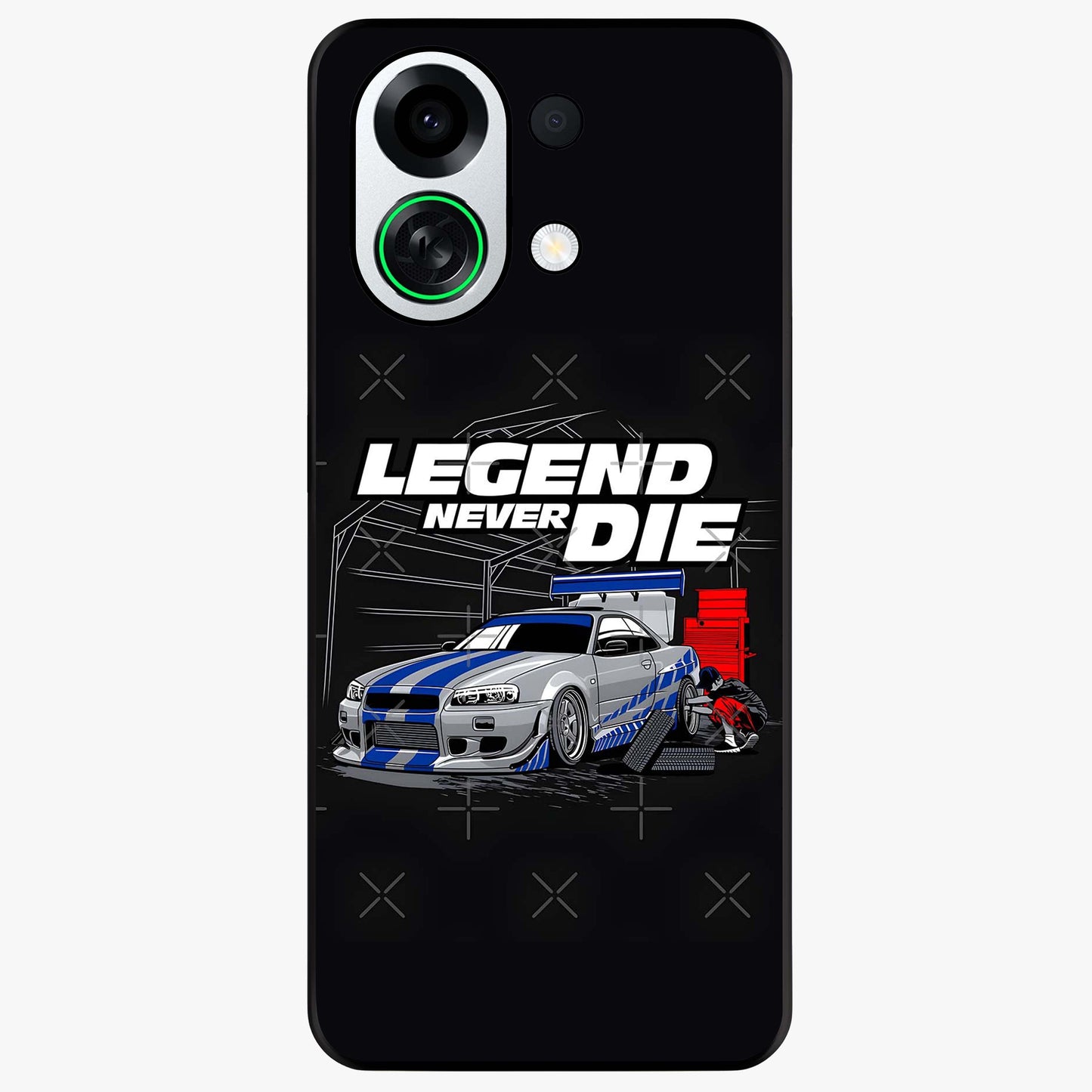 Midnight Racing Legacy Glass Case showing flat back view with sleek racing inspired artwork and glossy glass finish.