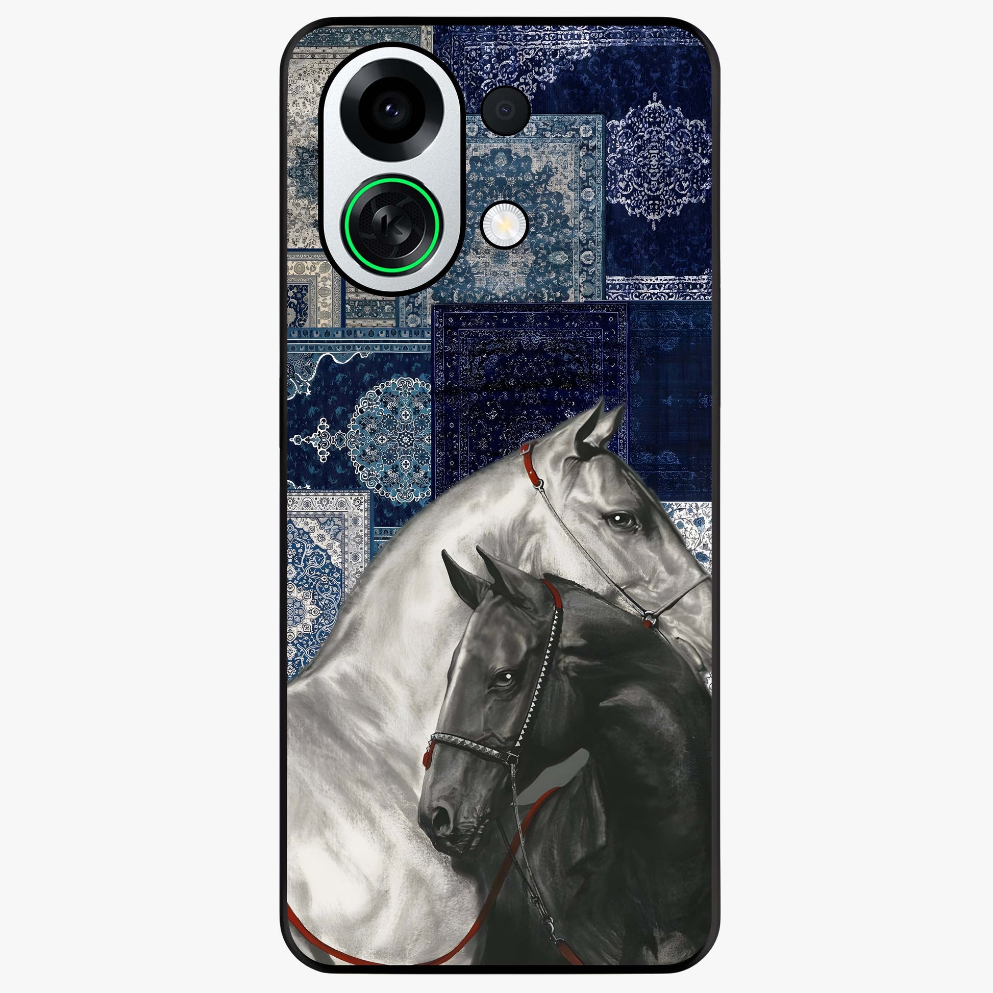 Midnight Stallion Blues Glass Case showing flat back view with majestic horse artwork and glossy glass finish.