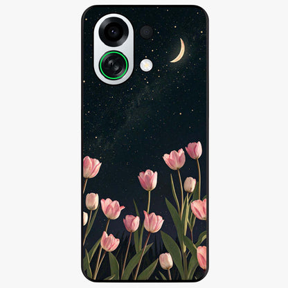 Midnight Tulip Whispers Vibe Glass Case showing flat back view with elegant tulip flower artwork and glossy glass finish.